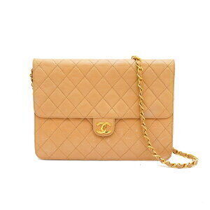 CHANEL Matelasse Single Flap Push Lock Chain Shoulder Bag Beige Tan Leather